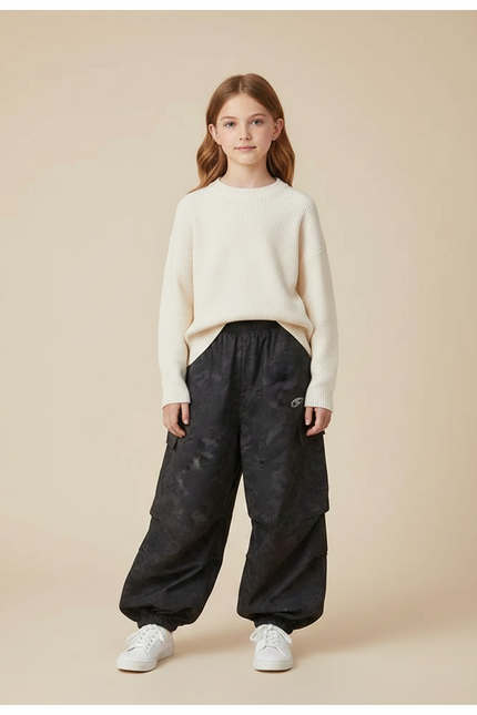 Pantalon Parachute Noir Ample Motif Discret Fille - Polyester