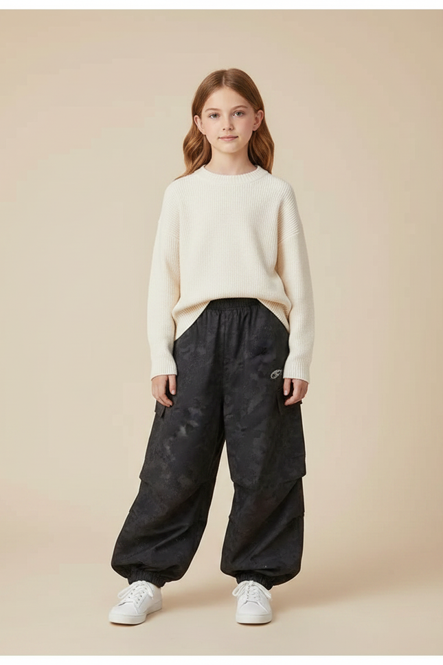 Pantalon Parachute Noir Ample Motif Discret Fille - Polyester