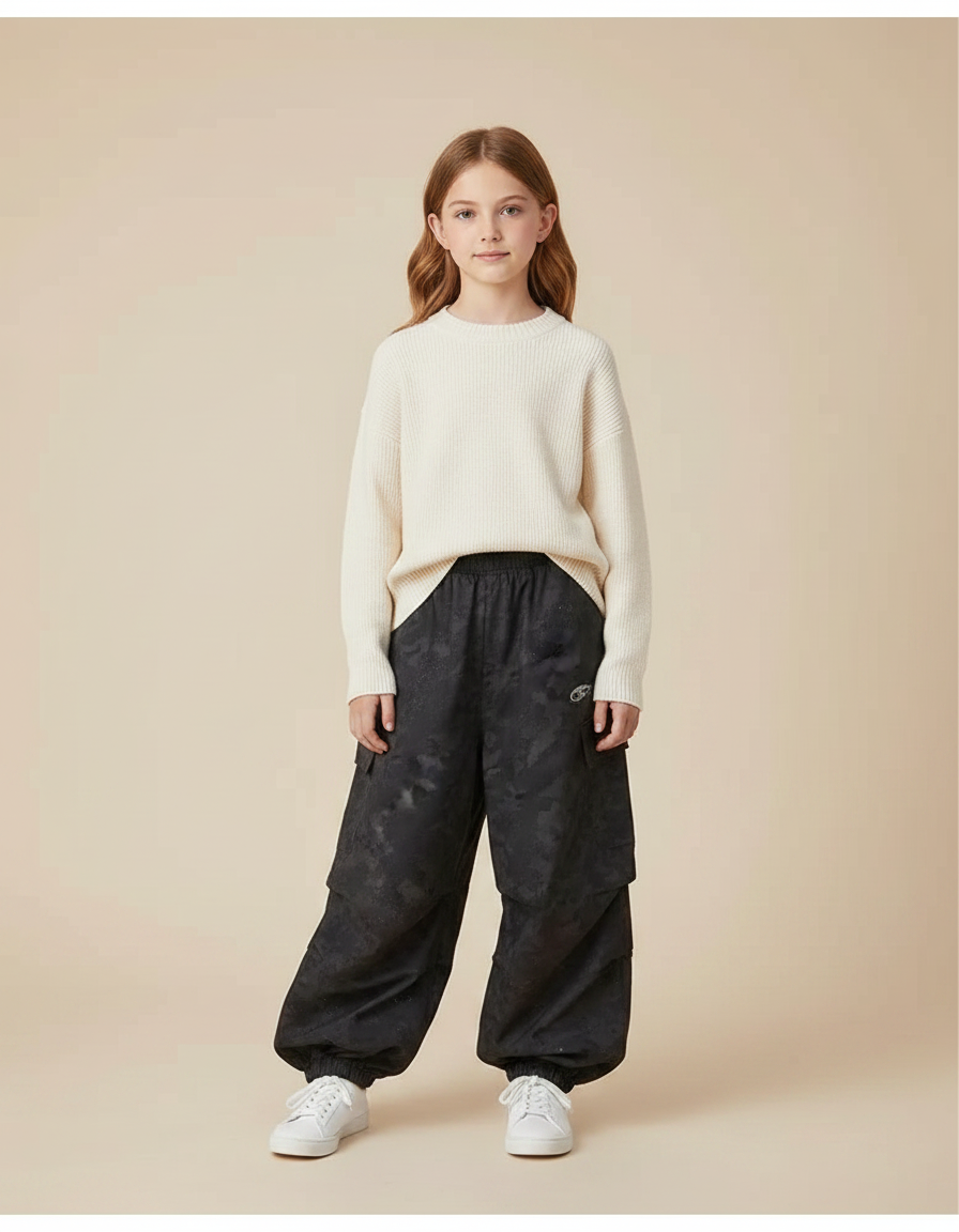 Pantalon Parachute Noir Ample Motif Discret Fille - Polyester