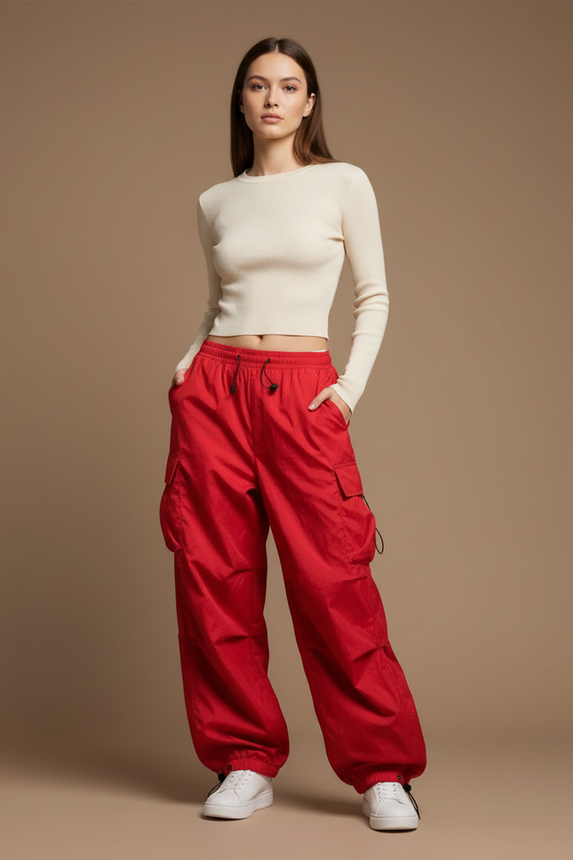 Pantalon Parachute Rouge Cargo Ample Femme Streetwear - Polyester