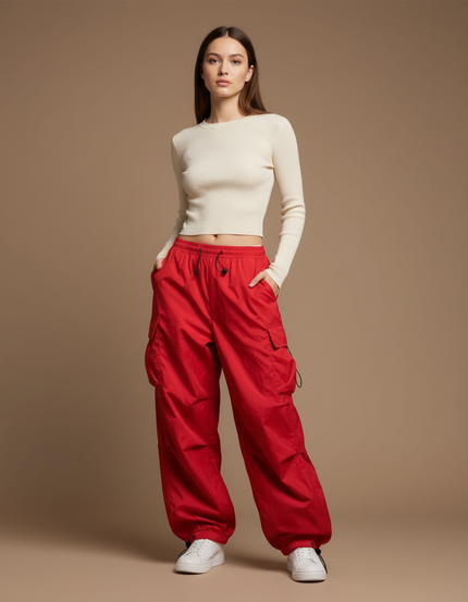 Pantalon Parachute Rouge Cargo Ample Femme Streetwear - Polyester