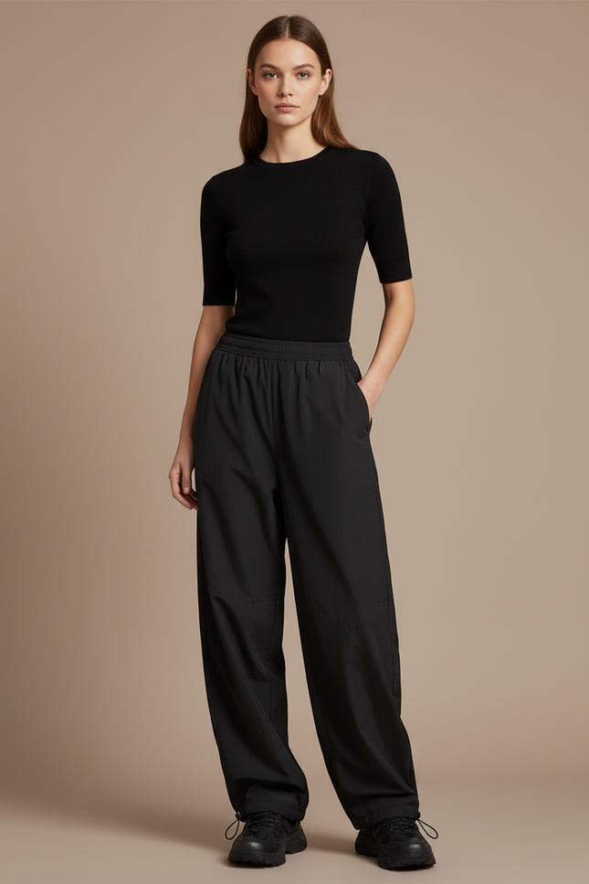 Pantalon Parachute Noir Ample Fluide Décontracté - Polyester
