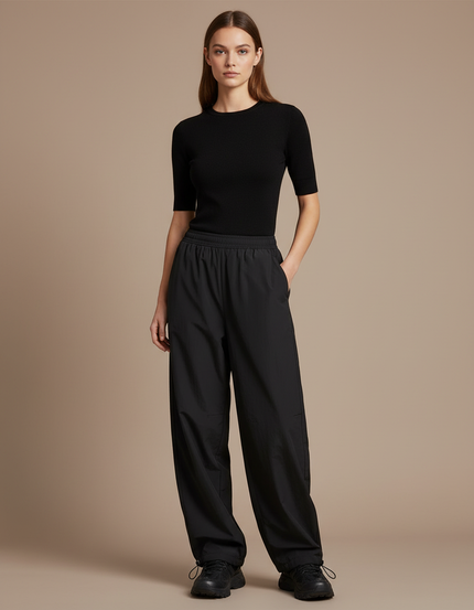 Pantalon Parachute Noir Ample Fluide Décontracté - Polyester