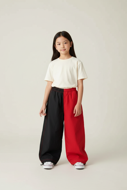 Pantalon Parachute Bicolore Noir Rouge Ample Fille - Multicolore Polyester
