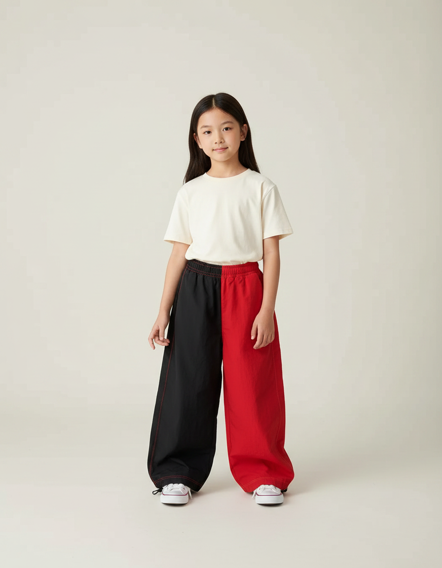 Pantalon Parachute Bicolore Noir Rouge Ample Fille - Multicolore Polyester