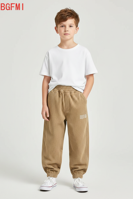 Pantalon Parachute Marron Côtelé Ample Décontracté Garçon - Camel Cordé