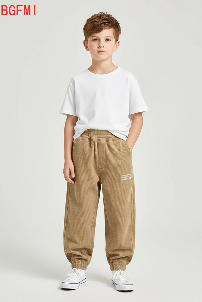 Pantalon Parachute Marron Côtelé Ample Décontracté Garçon - Camel Cordé
