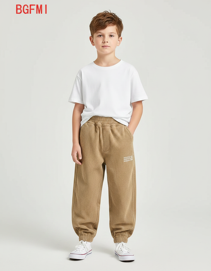 Pantalon Parachute Marron Côtelé Ample Décontracté Garçon - Camel Cordé