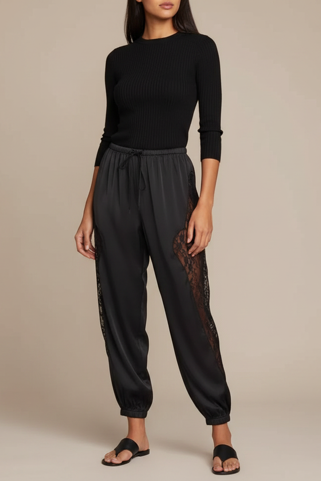 Pantalon Parachute Noir Satiné Dentelle Fluide Femme