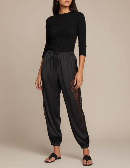 Pantalon Parachute Noir Satiné Dentelle Fluide Femme