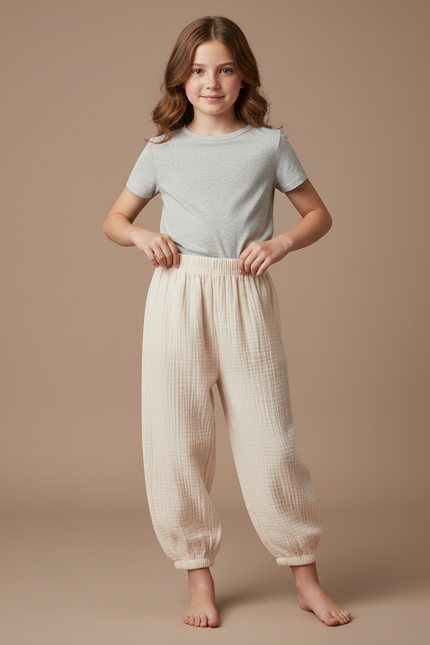 Pantalon Parachute Crème Ample Coton Enfant Bouffant - Beige