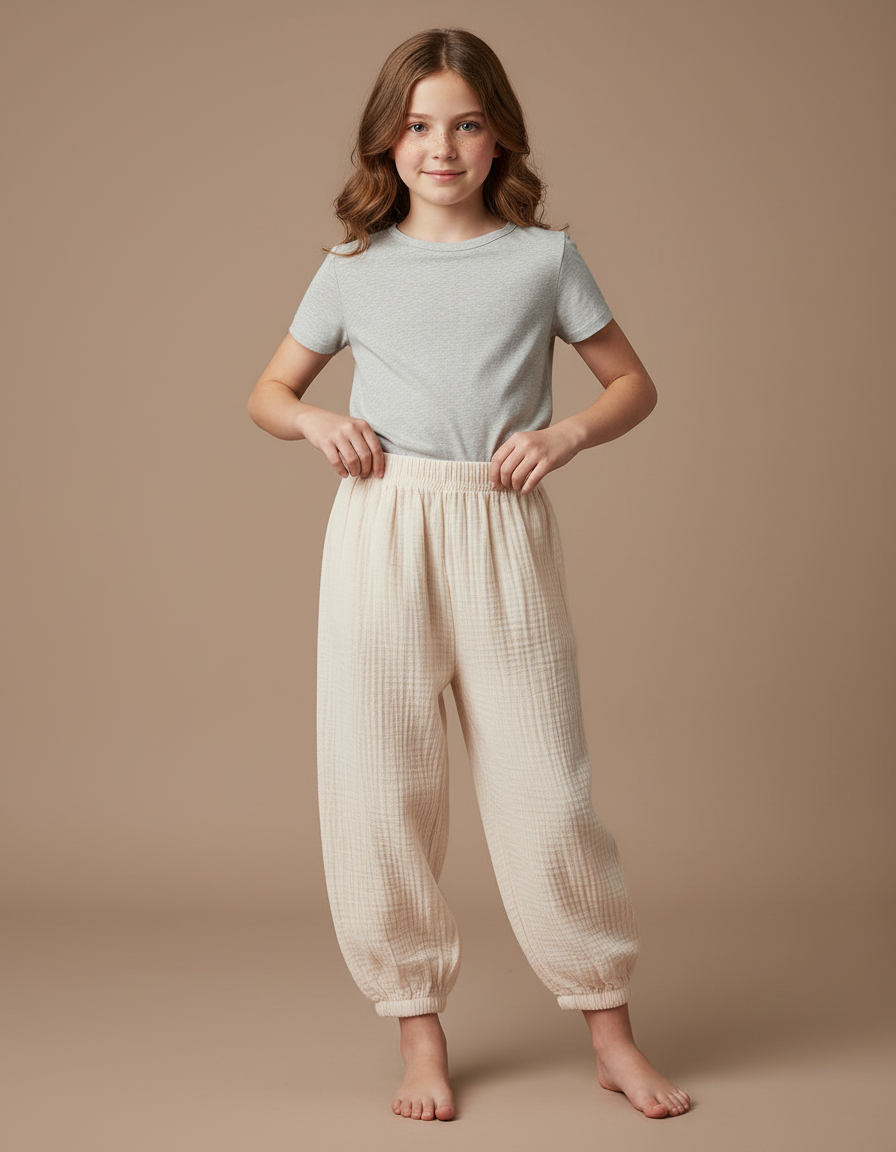 Pantalon Parachute Crème Ample Coton Enfant Bouffant - Beige