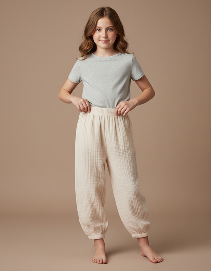 Pantalon Parachute Crème Ample Coton Enfant Bouffant - Beige