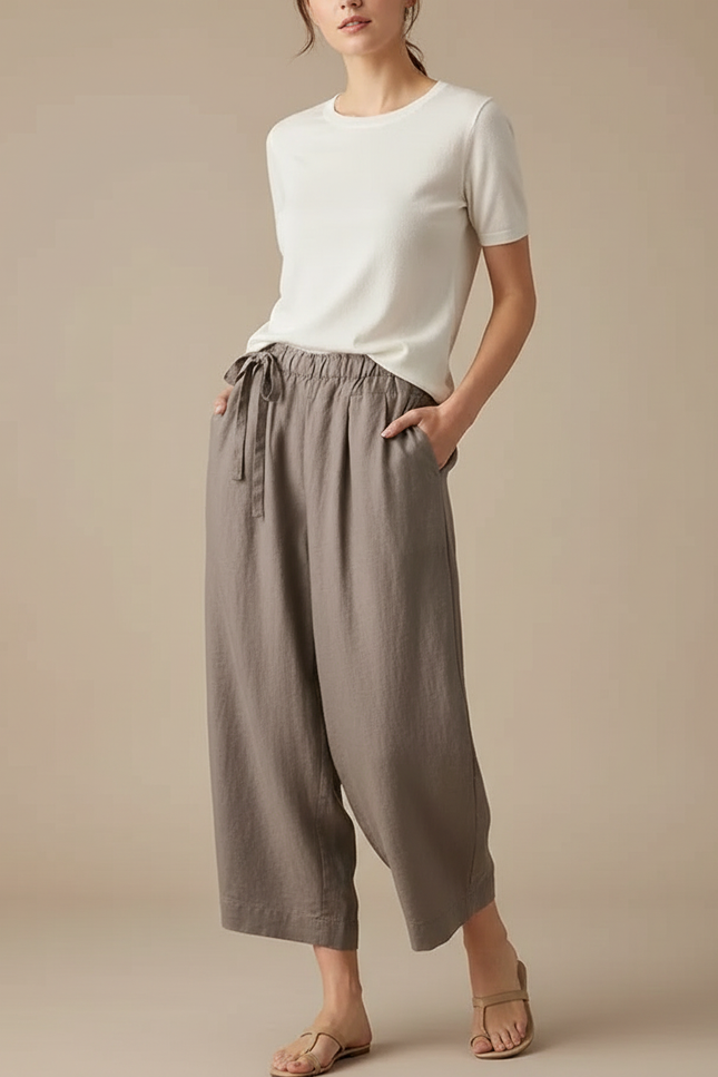 Pantalon Parachute Lin Gris Ample Décontracté Femme