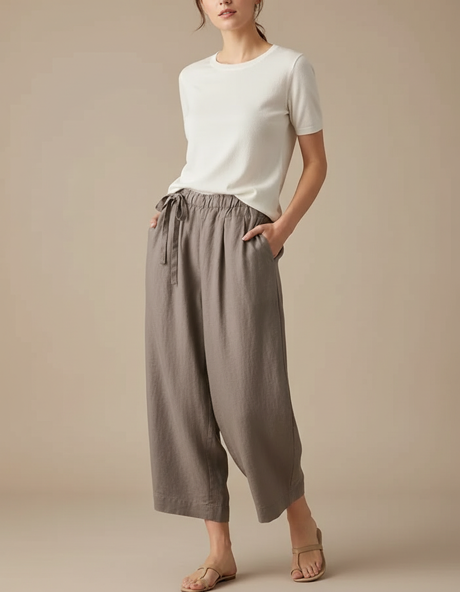 Pantalon Parachute Lin Gris Ample Décontracté Femme