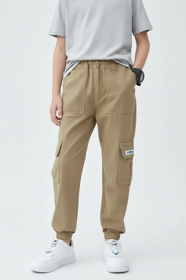 Pantalon Parachute Kaki Cargo Ample Coton Garçon