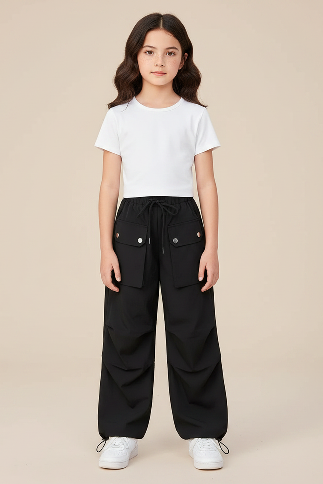 Pantalon Parachute Noir Ample Cargo Fille Léger - Polyester