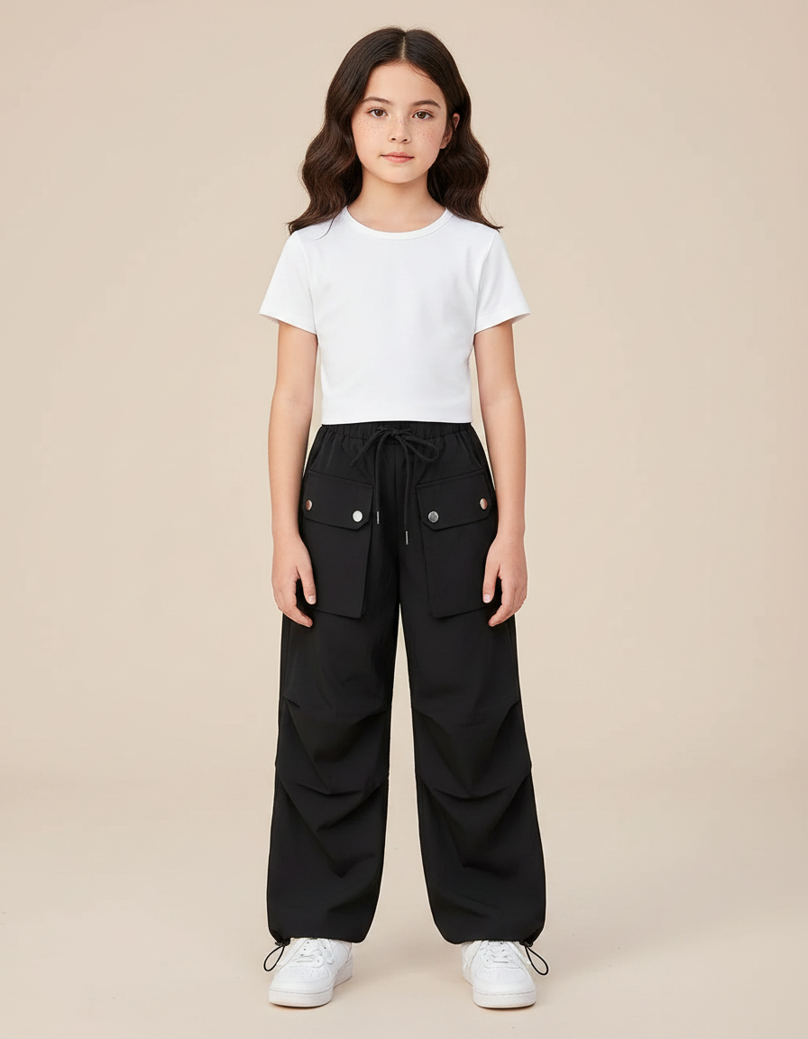 Pantalon Parachute Noir Ample Cargo Fille Léger - Polyester
