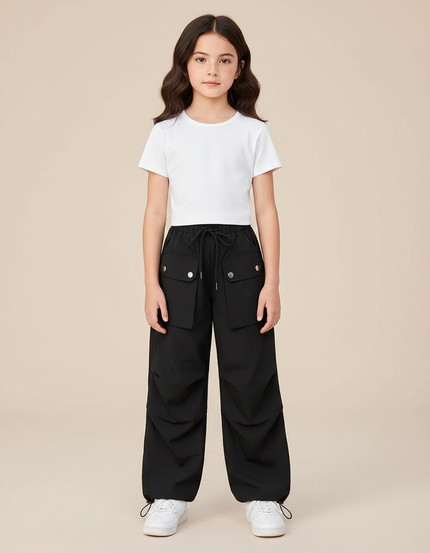 Pantalon Parachute Noir Ample Cargo Fille Léger - Polyester