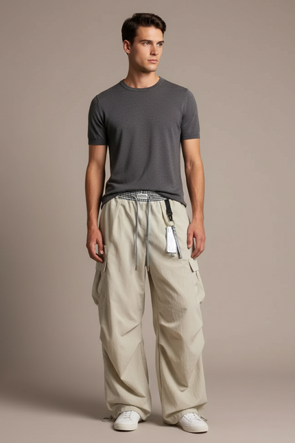 Pantalon Parachute Beige Ample Cargo Homme Décontracté - Polyester