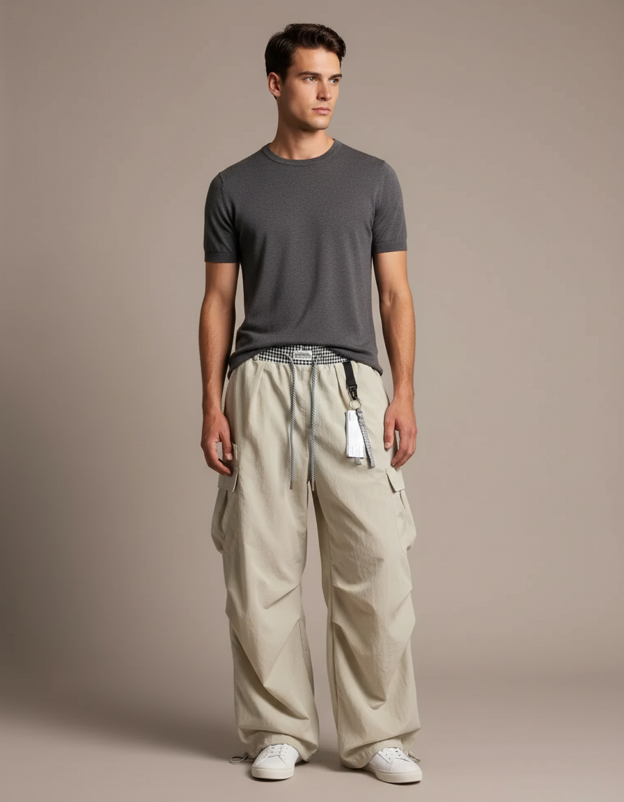 Pantalon Parachute Beige Ample Cargo Homme Décontracté - Polyester