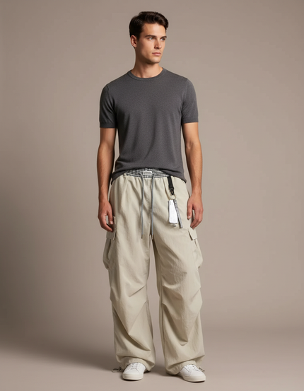 Pantalon Parachute Beige Ample Cargo Homme Décontracté - Polyester