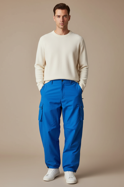 Pantalon Parachute Bleu Électrique Ample Cargo Homme - Polyester