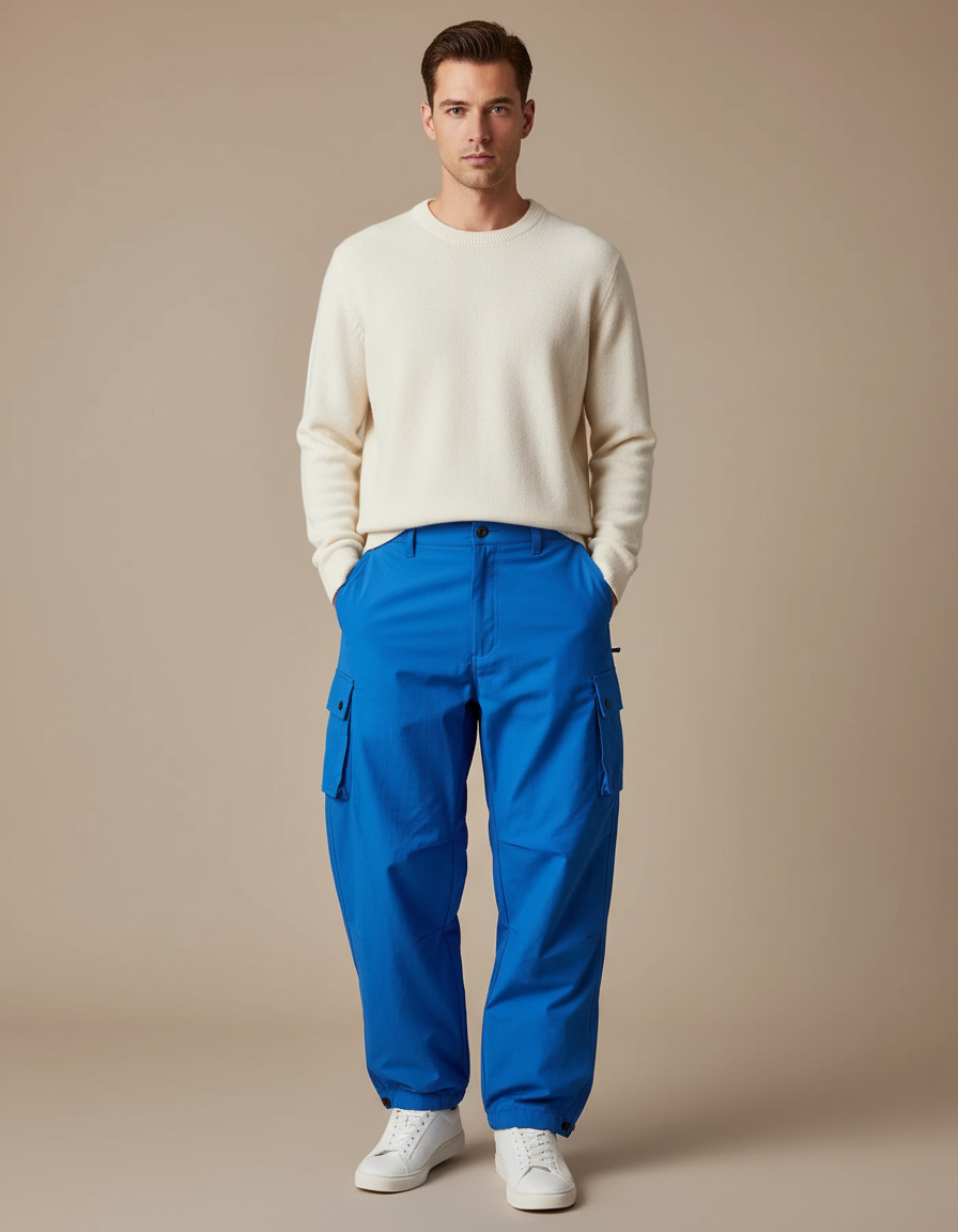 Pantalon Parachute Bleu Électrique Ample Cargo Homme - Polyester