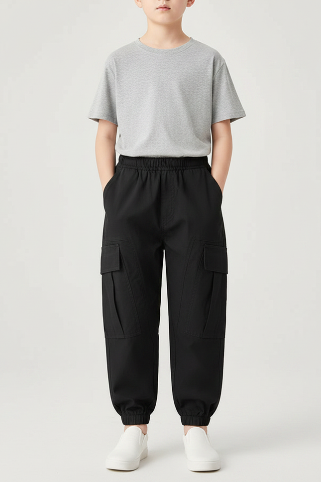 Pantalon Parachute Noir Cargo Ample Coton Garçon