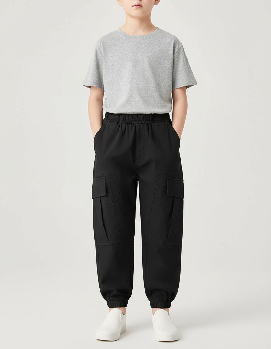Pantalon Parachute Noir Cargo Ample Coton Garçon