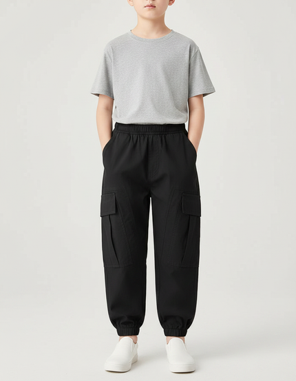 Pantalon Parachute Noir Cargo Ample Coton Garçon