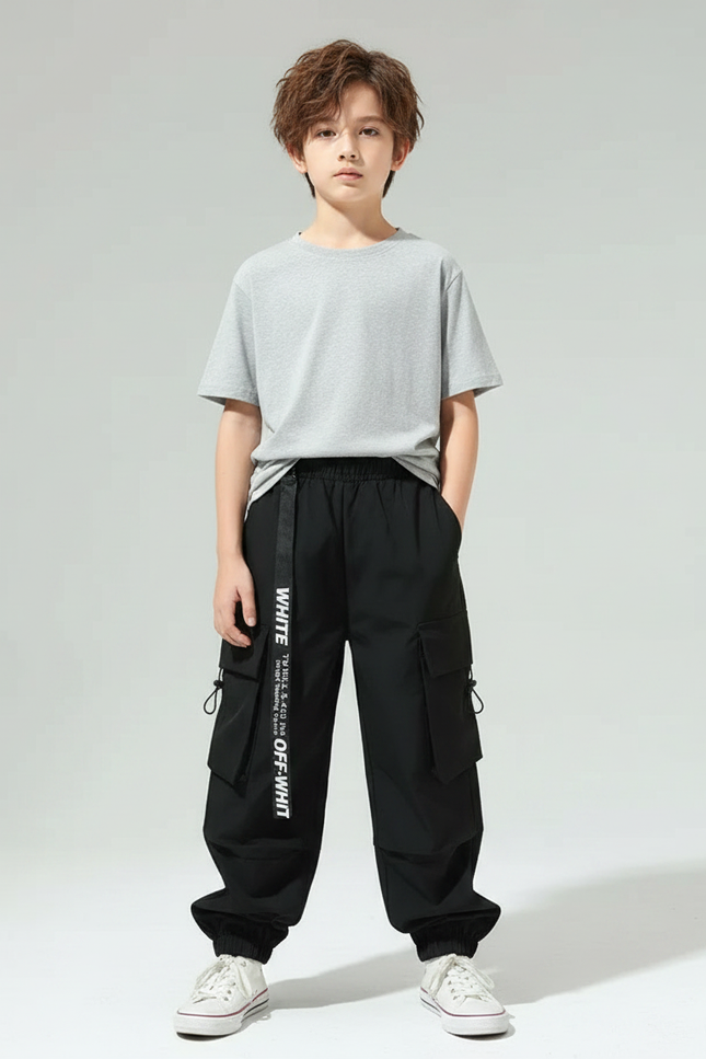 Pantalon Parachute Noir Cargo Ample Imprimé Enfant - Polyester