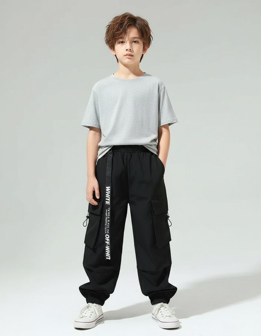 Pantalon Parachute Noir Cargo Ample Imprimé Enfant - Polyester