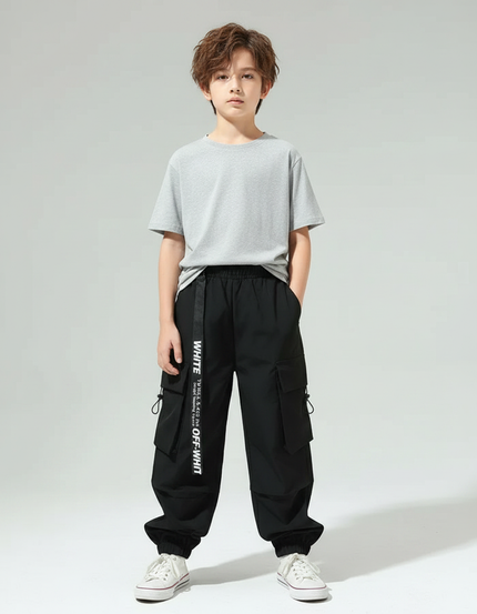 Pantalon Parachute Noir Cargo Ample Imprimé Enfant - Polyester