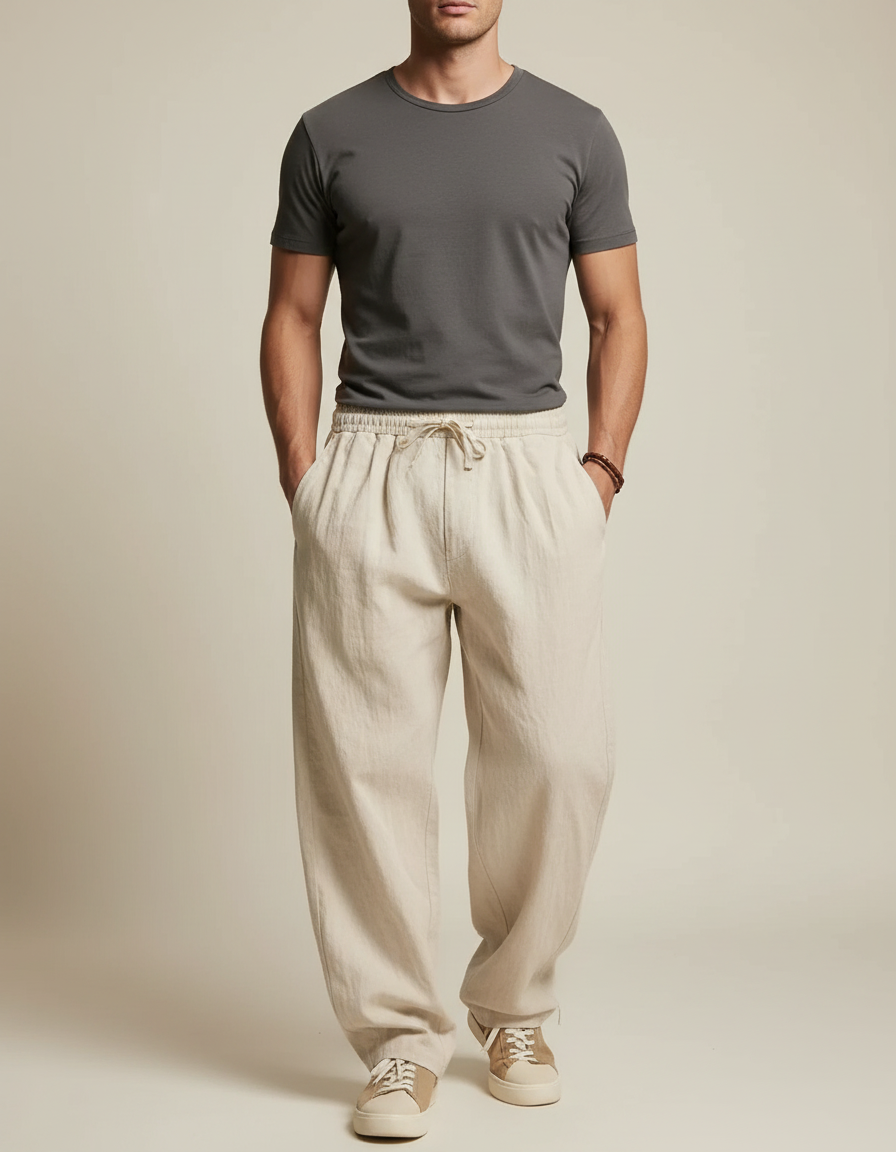Pantalon Parachute Beige Lin Ample Cordon Décontracté Homme