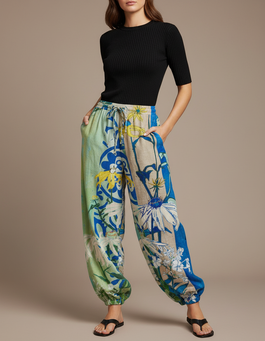 Pantalon Parachute Fluide Imprimé Floral Ample Décontracté Estival - Lin