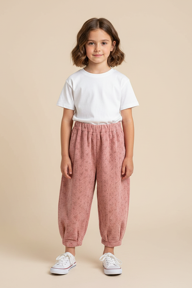 Pantalon Parachute Rose Côtelé Ample Imprimé Enfants - Cordé