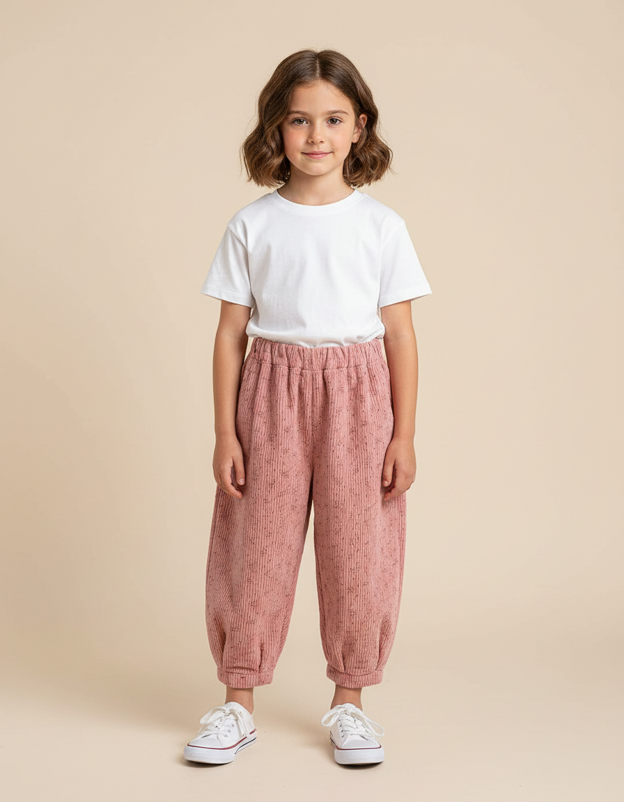 Pantalon Parachute Rose Côtelé Ample Imprimé Enfants - Cordé