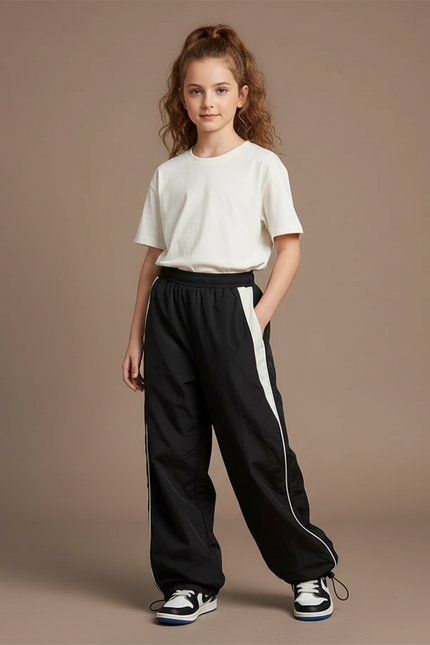 Pantalon Parachute Fille Noir Resserré Aux Chevilles Nylon - Polyester