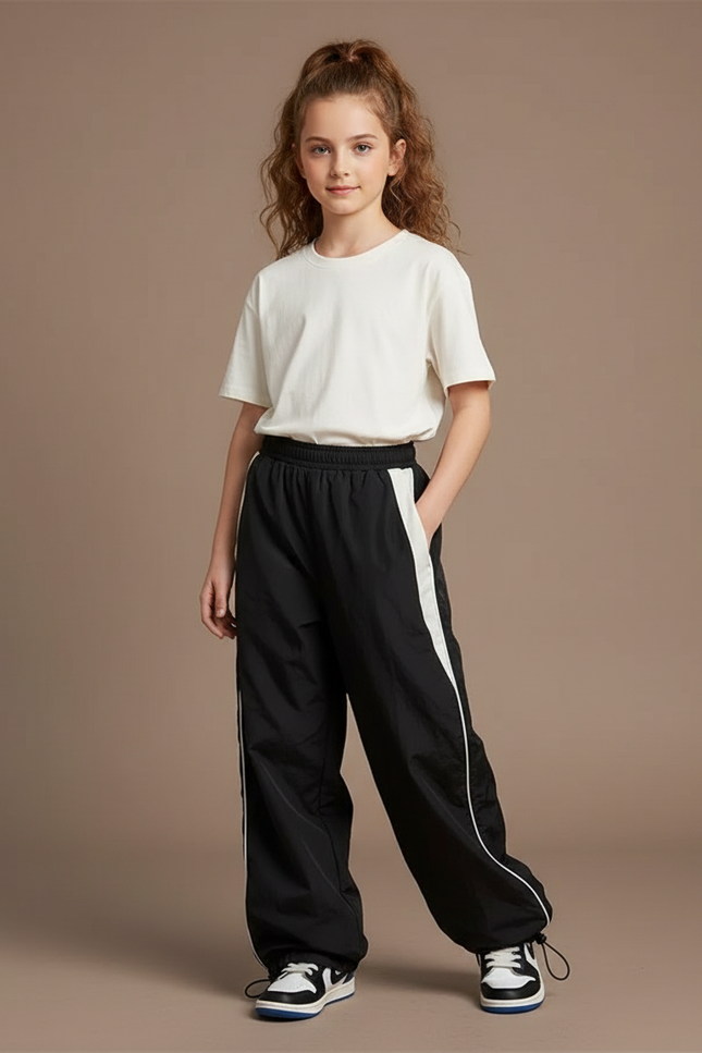 Pantalon Parachute Fille Noir Resserré Aux Chevilles Nylon - Polyester