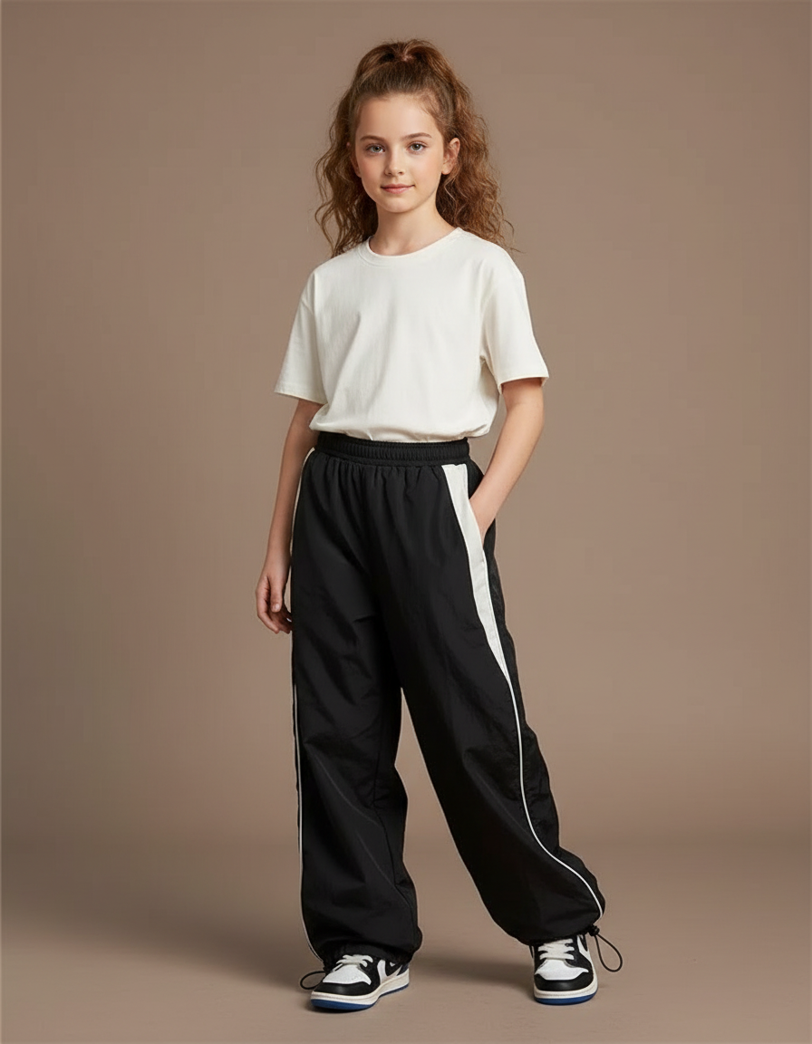 Pantalon Parachute Fille Noir Resserré Aux Chevilles Nylon - Polyester