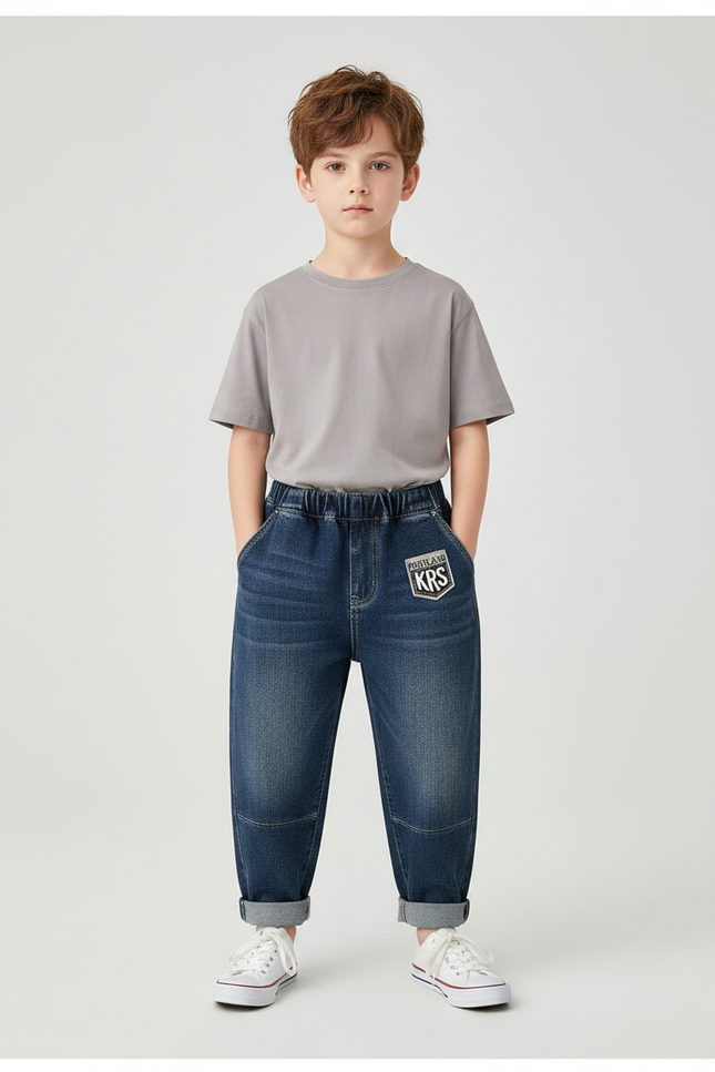 Pantalon Parachute Jean Ample Enfant Décontracté Patch - Bleu