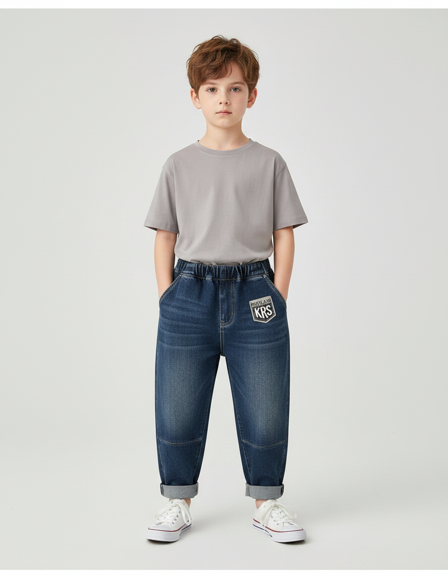 Pantalon Parachute Jean Ample Enfant Décontracté Patch - Bleu