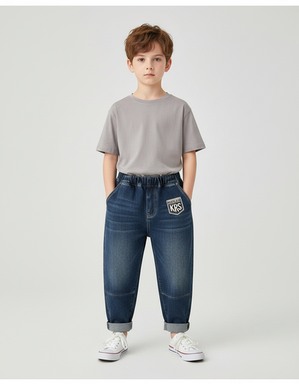Pantalon Parachute Jean Ample Enfant Décontracté Patch - Bleu