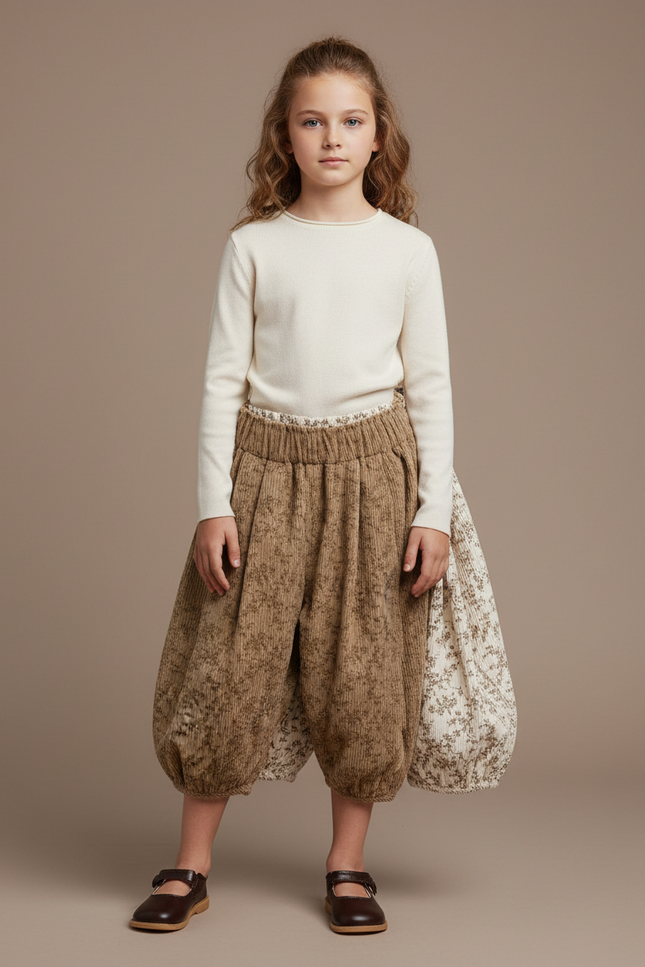 Pantalon Parachute Côtelé Floral Ample Enfant Marron - Cordé