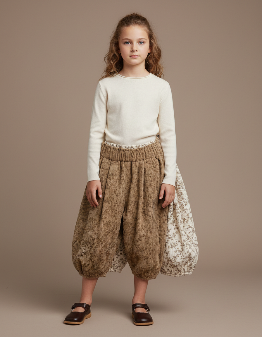 Pantalon Parachute Côtelé Floral Ample Enfant Marron - Cordé