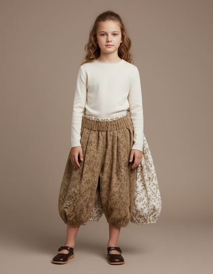 Pantalon Parachute Côtelé Floral Ample Enfant Marron - Cordé