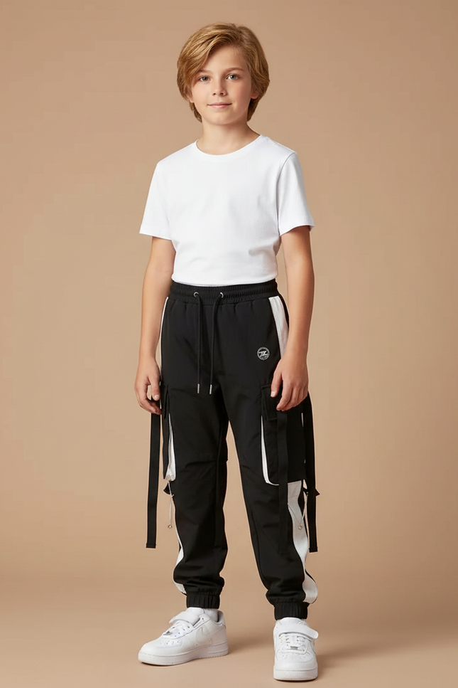 Pantalon Parachute Noir Cargo Ample Enfant Rayures - Polyester