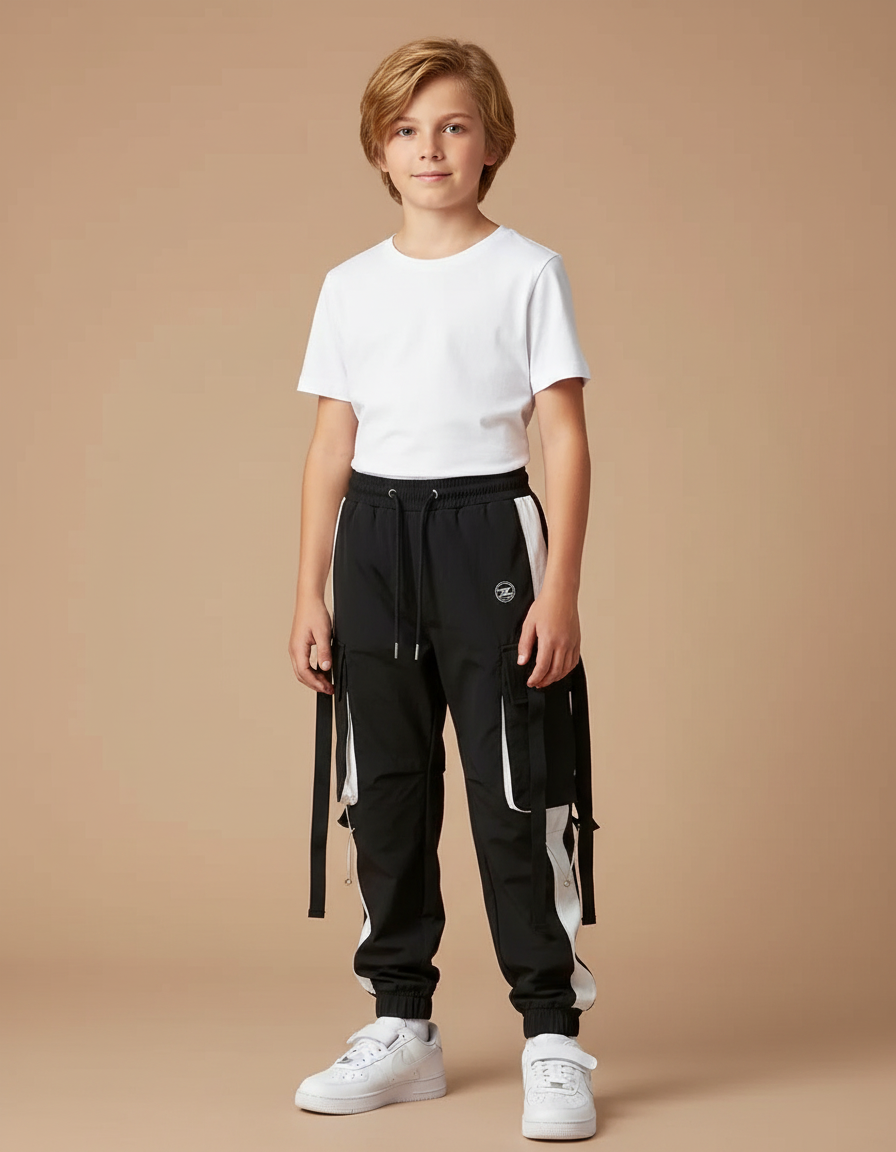 Pantalon Parachute Noir Cargo Ample Enfant Rayures - Polyester