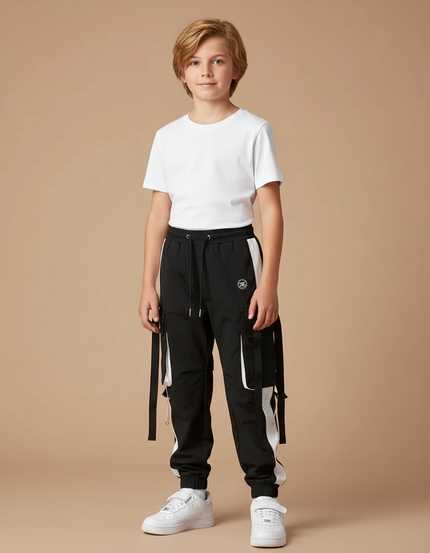 Pantalon Parachute Noir Cargo Ample Enfant Rayures - Polyester